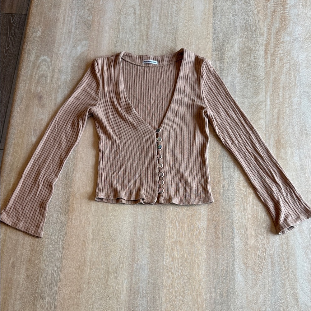 Reformation Ribbed Button-Front Long Sleeve Top — Brown